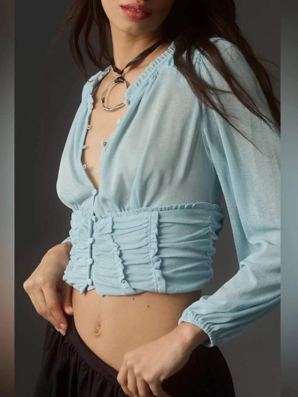 ANTHROPOLOGIE Long-Sleeve Femme Ruched Cropped Top Blue Mesh Small